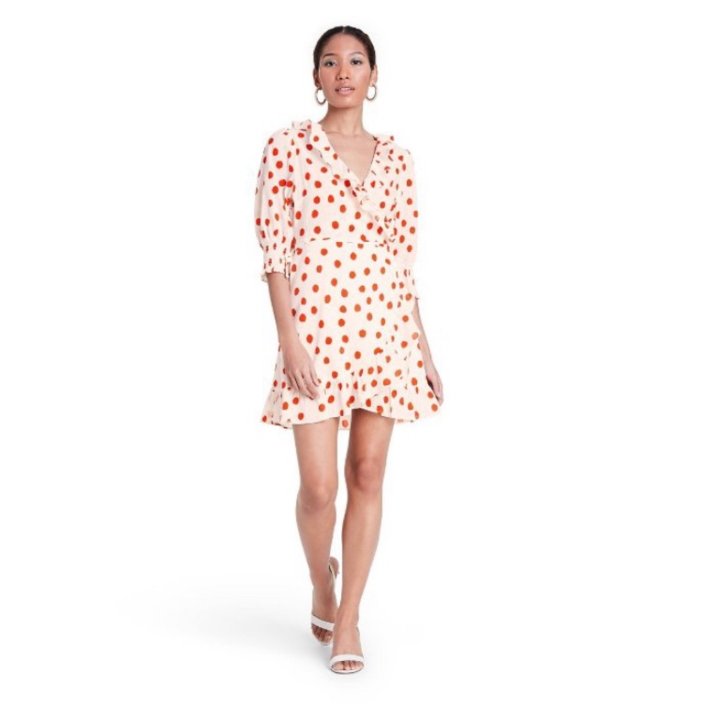 RIXO Polka Dot Puff Sleeve Ruffle Wrap Dress